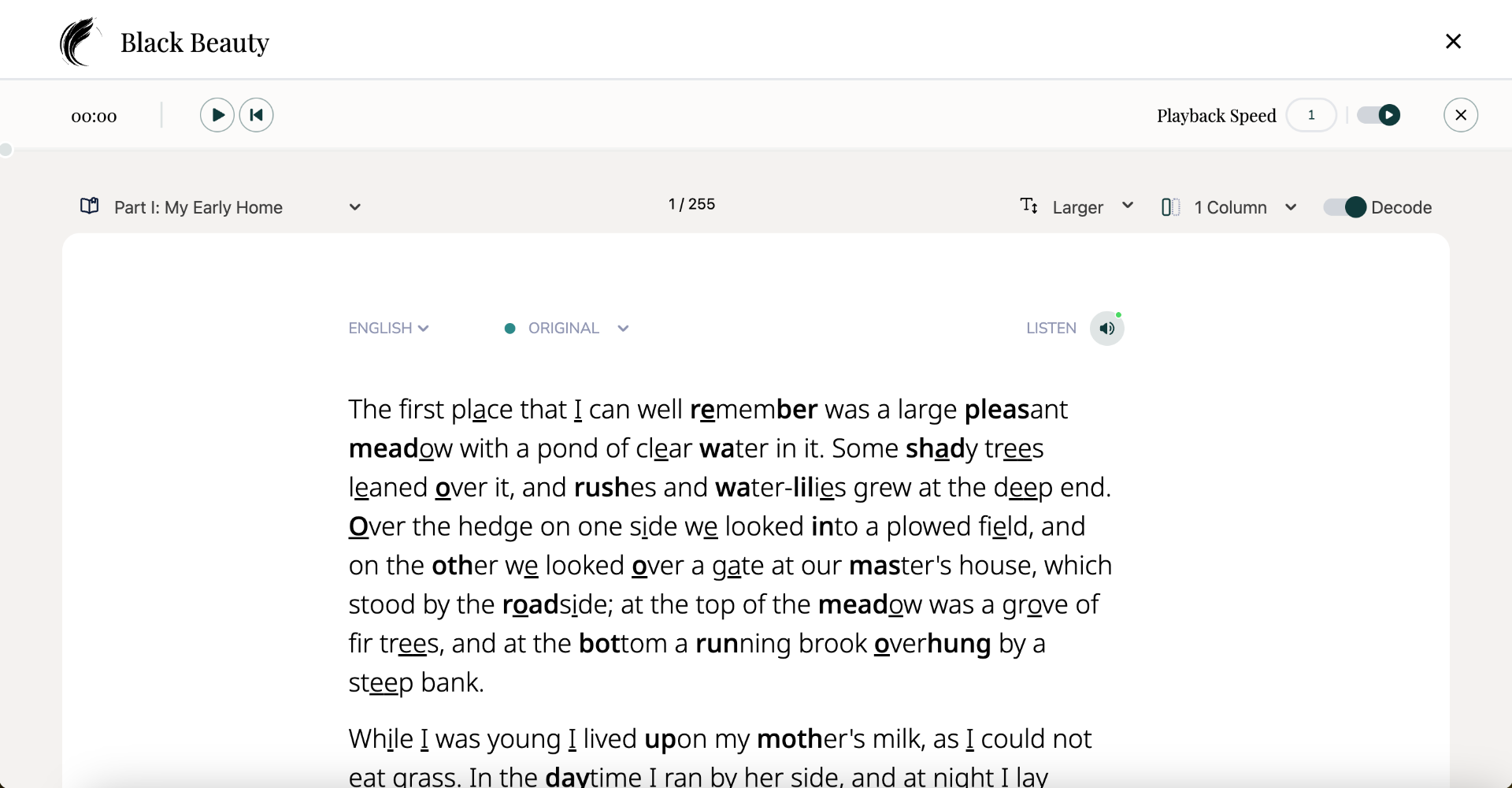 Black Beauty text showing Decode Mode with syllable highlighting and phonics patterns