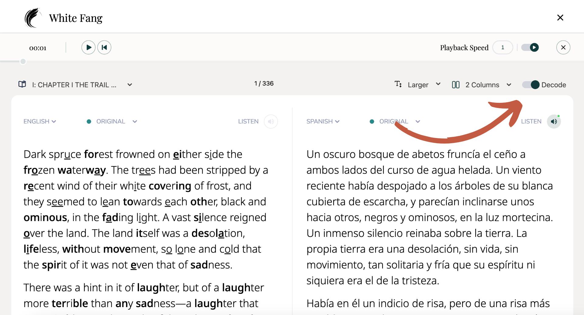 Adaptive Reader app interface showing English and Spanish text side by side with audio controls, decode mode, and accessibility features