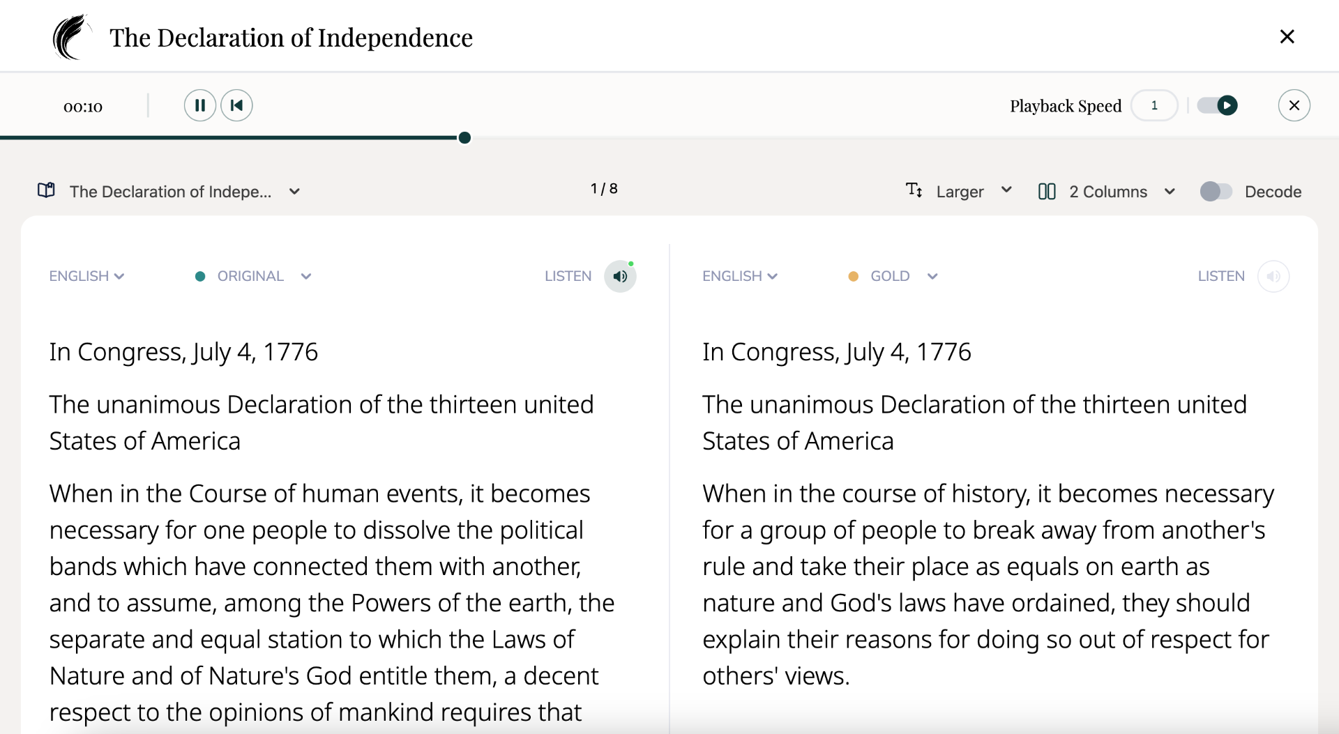 Declaration of Independence showing original grade-level text and simplified version side-by-side