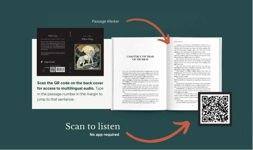 Book with QR code showing scan to listen functionality