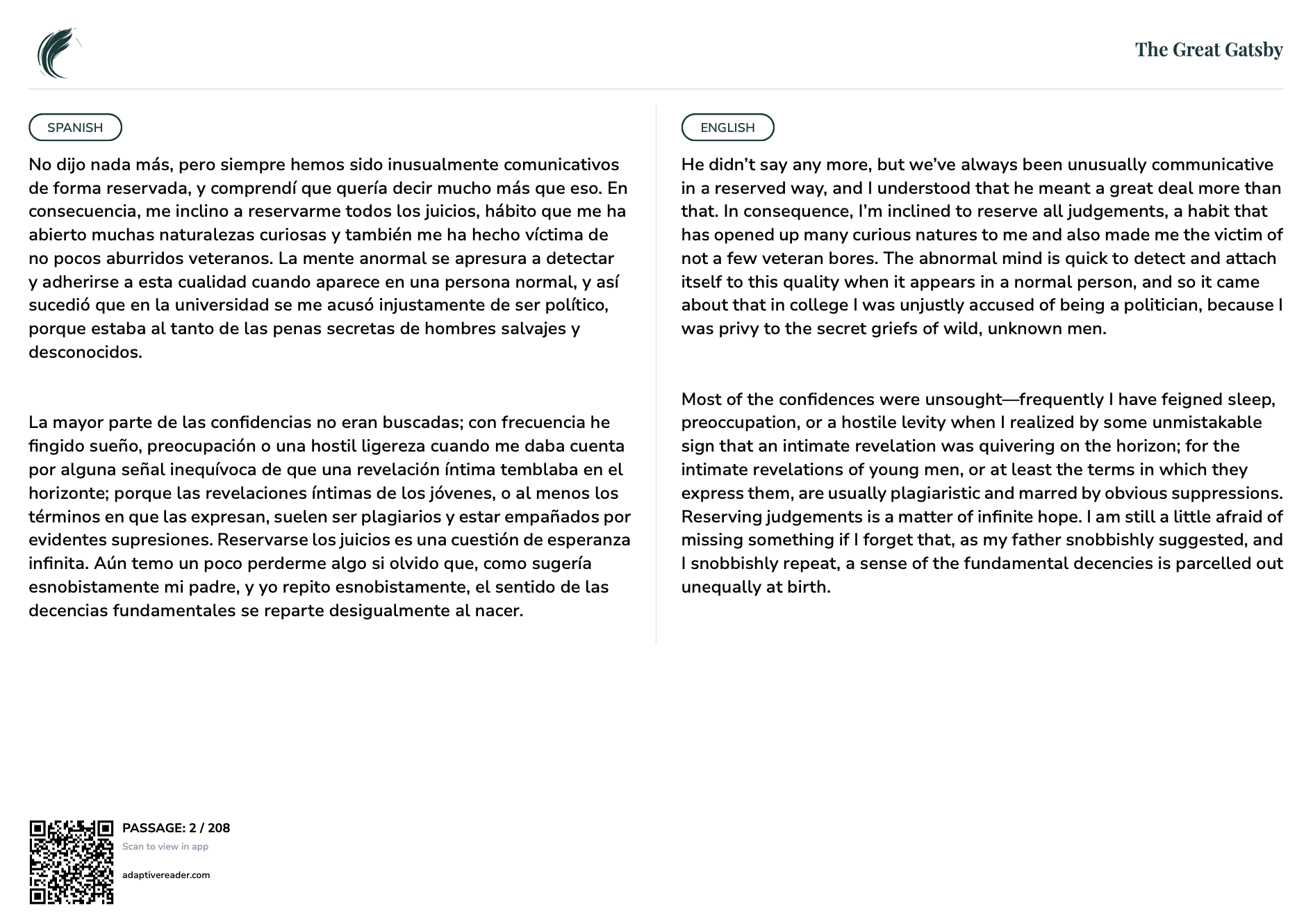 The Great Gatsby showing dual-language text in English and Spanish side-by-side